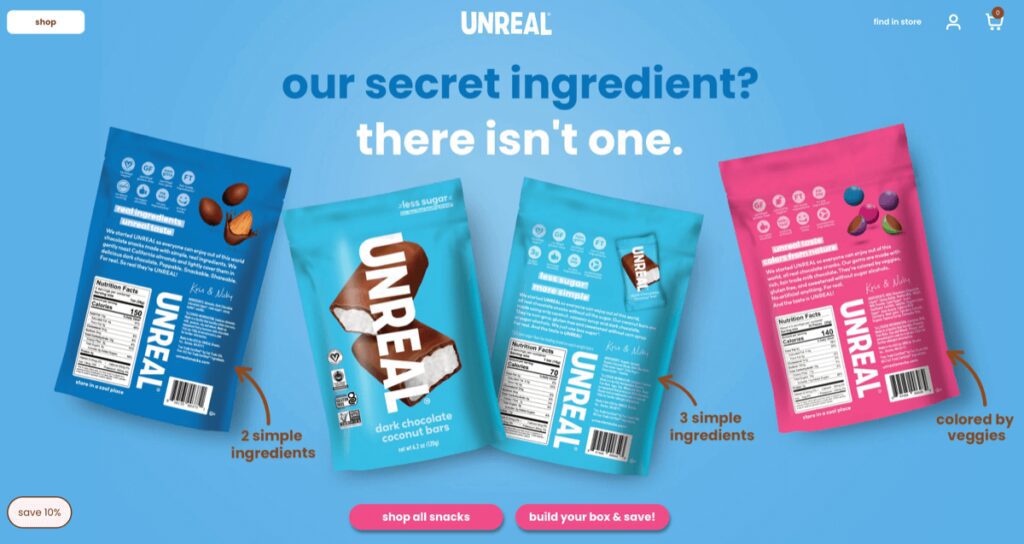 Landing page for the Unreal Snacks store