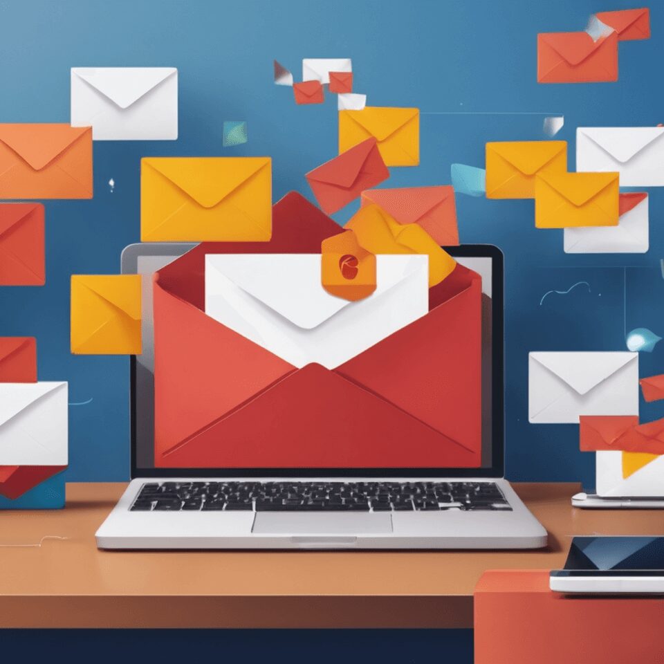 A laptop with a lot of mail coming out of it
