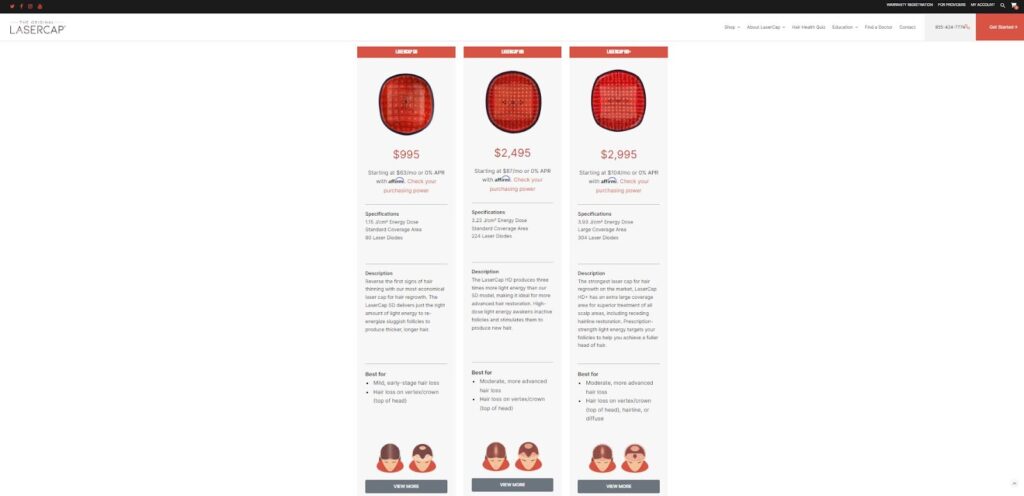 LaserCap comparison page