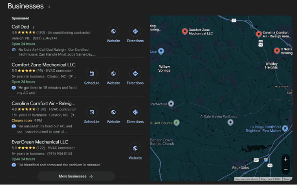 Screenshot of local HVAC businesses search results showing various contractors, including Call Dad, Comfort Zone Mechanical LLC, Carolina Comfort Air, and EverGreen Mechanical LLC, along with map markers for their locations