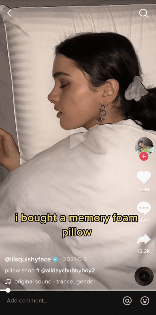 Girl sleeping on pillow in TikTok post