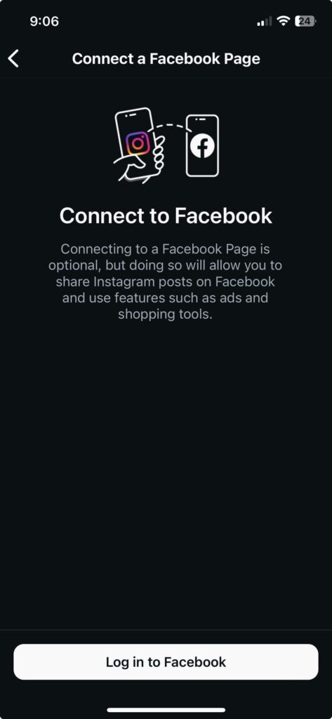 a menu titled ‘Connect a Facebook page’