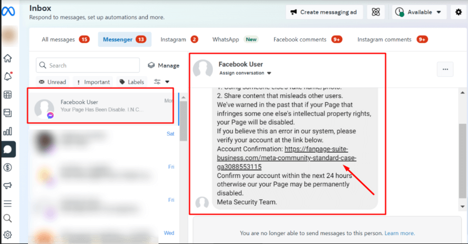 Message showing fake Meta support link