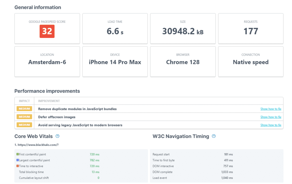 a mobile page speed test for a Shopify store