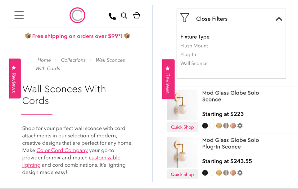 Simplified navigation in a Shopify store on mobile