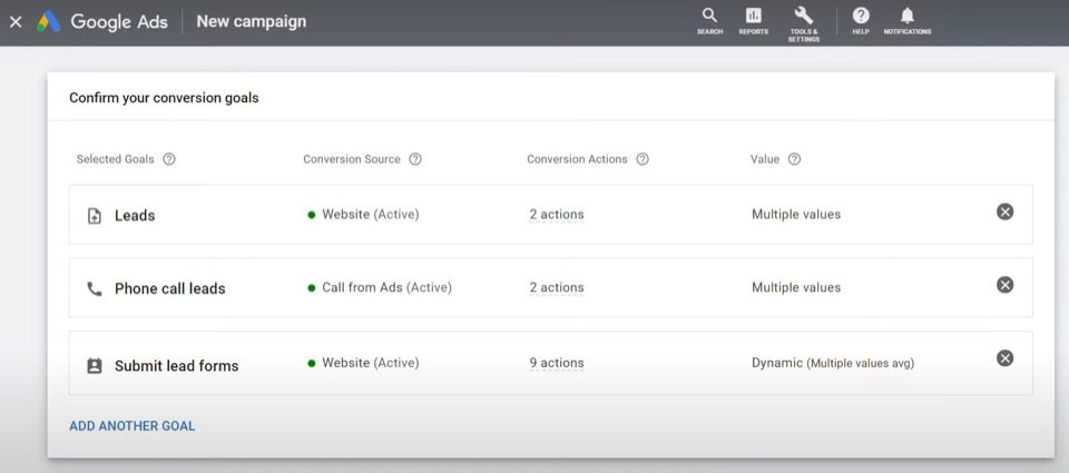 the ‘new campaign’ menu in Google Performance Max