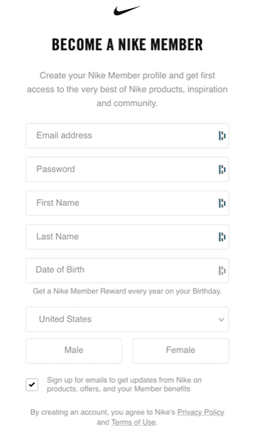 nike sign up form