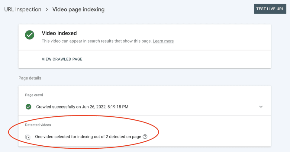 Google Search Console video indexing report showing only video per page indexed