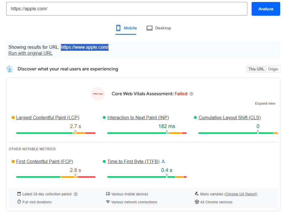 PageSpeed Insights results for Apple