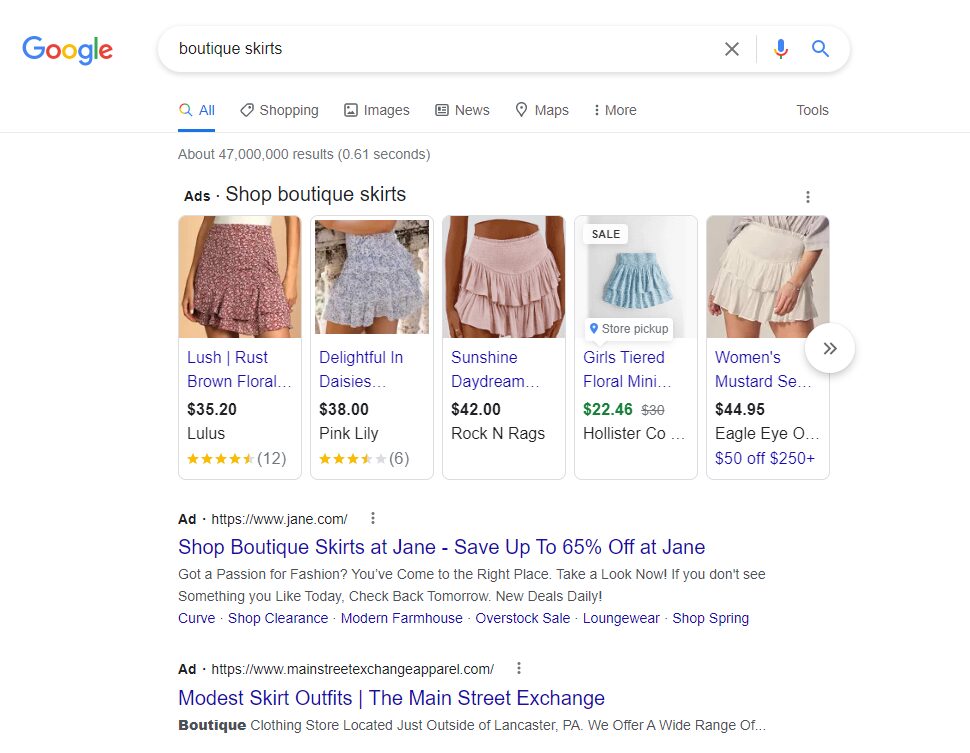 a SERP for the term “boutique skirts” displaying PPC ads