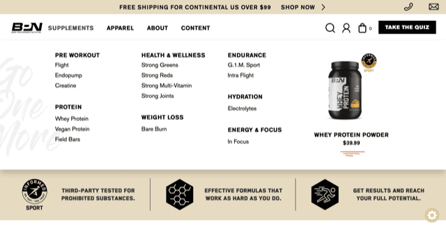 personalized content example - Bare Performance Nutrition menu