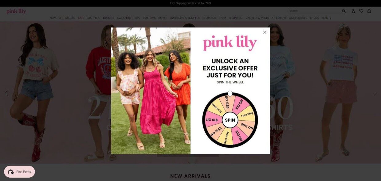 Pink Lily homepage with gamified popup