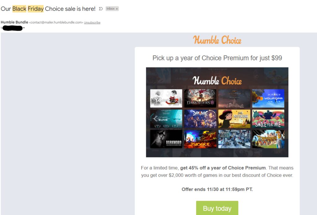 promotional Black Friday email for Humble Choice