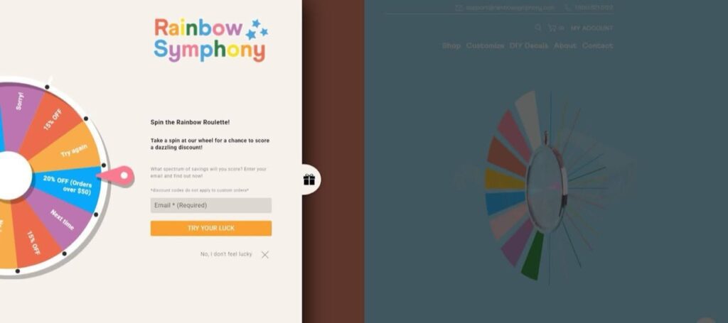 The Rainbow Symphony homepage with prize wheel popup