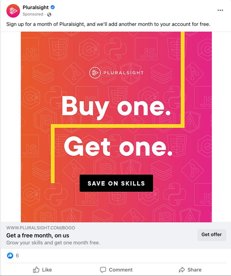 Remarketing Facebook advertisement from PluralSight
