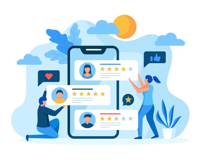Illustration of two women posting reviews on a mobile device