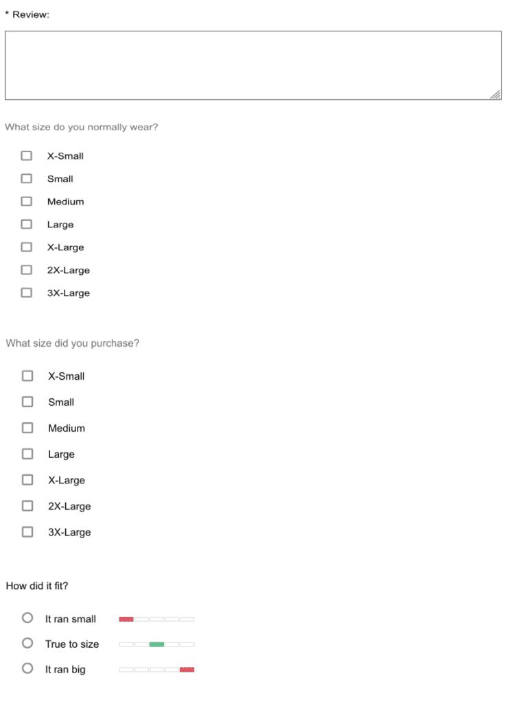 Screenshot of a boutique’s reviews form
