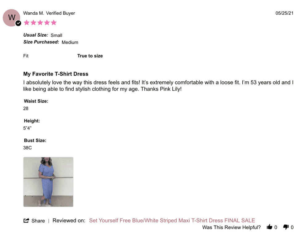 Screenshot of reviewer posting a photo of their dress