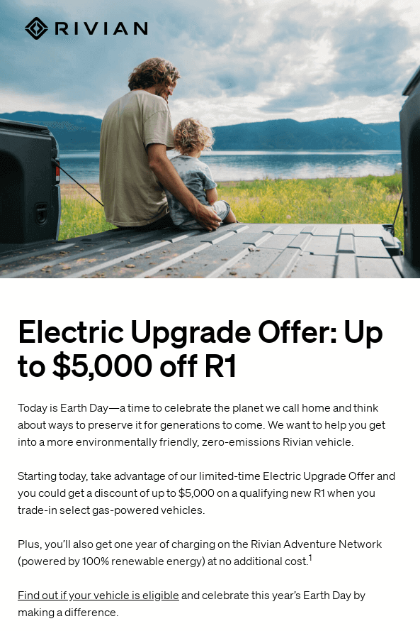 Rivian Earth Day email offering an upgrade incentive