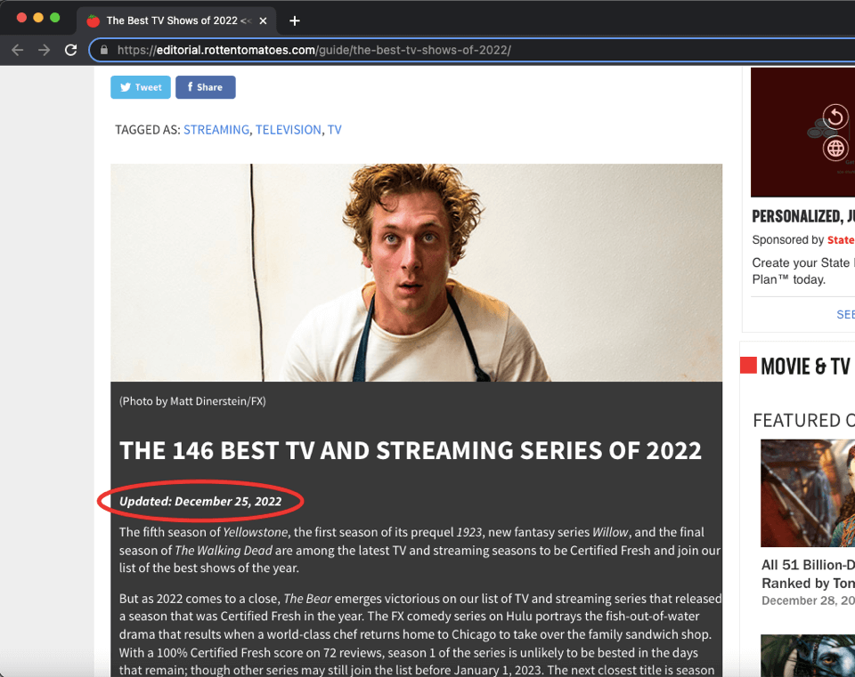 Screenshot of Rotten Tomatoes editorial The Best TV Shows of 2022