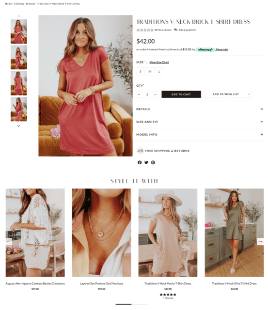 Sample women’s fashion product page with suggested accessories