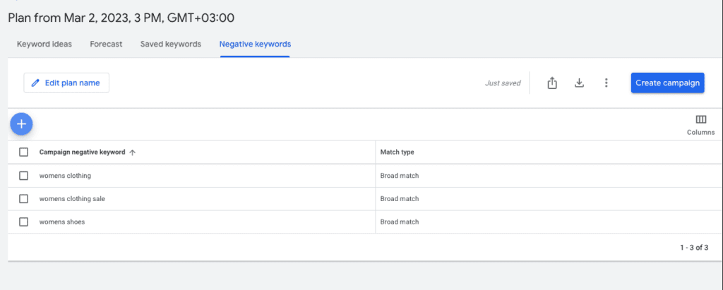 Screenshot of Google Keyword Planner Negative Keywords for a Campaign