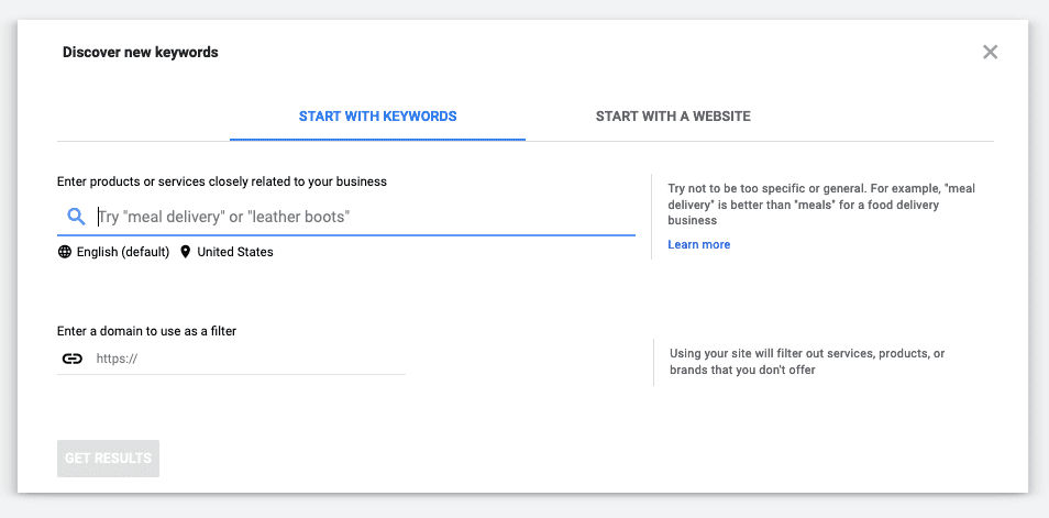 a screenshot of Google Keyword Planner’s New Keyword Search functio