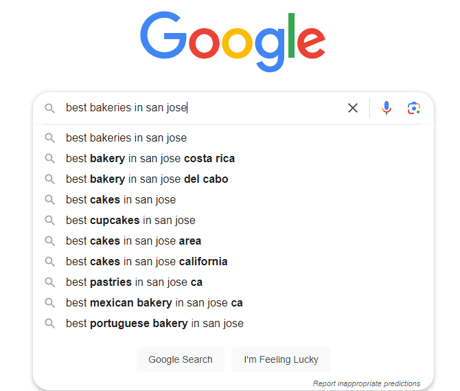 a search bar showing suggestions for local bakeries