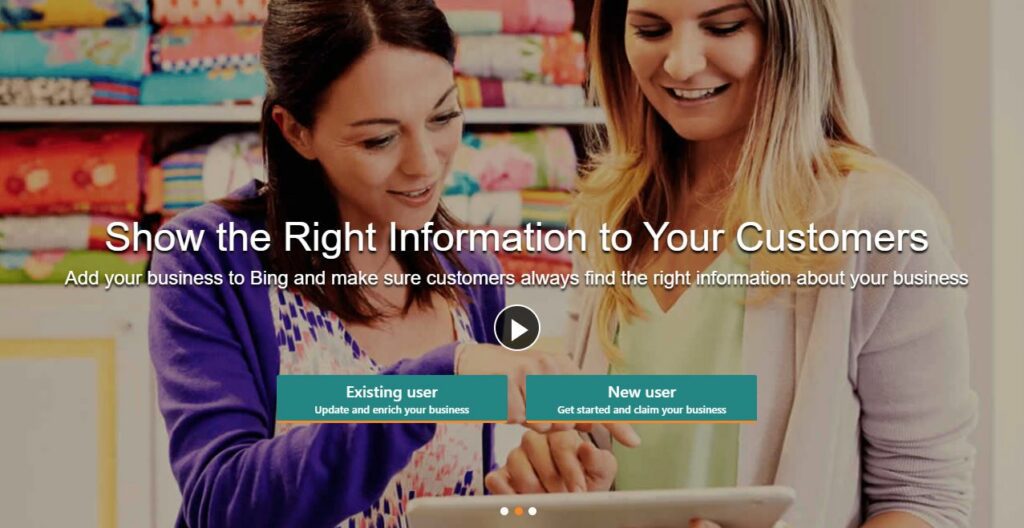 screenshot of the starting screen to setup bing places for business