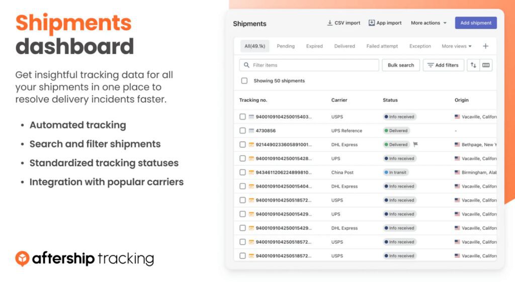 a shipments dashboard in the AfterShip app