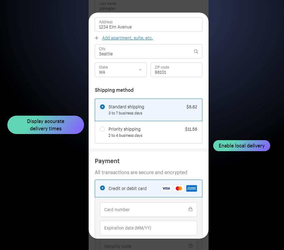 Shopify’s checkout landing page showing off new features