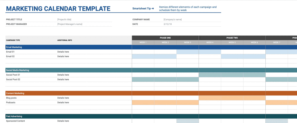 Image of an example of a marketing calendar