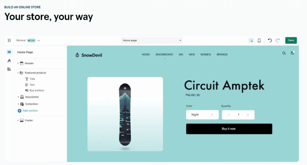 a Shopify snowboarding store dashboard