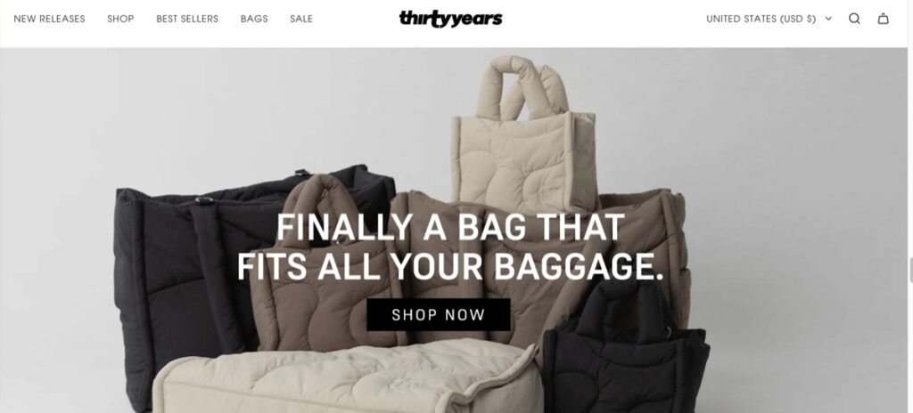 Store homepage showing puffy handbags