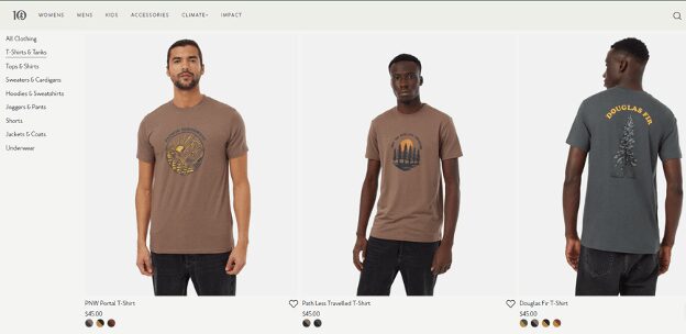 Tentree shop page for shirts
