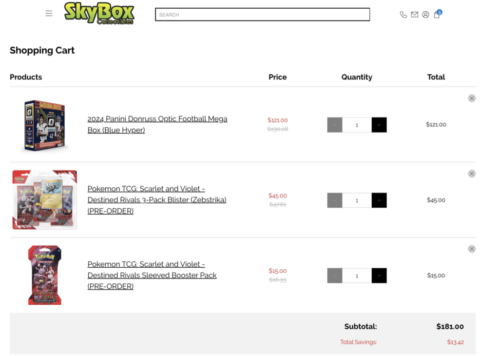 three TCG products added to a cart