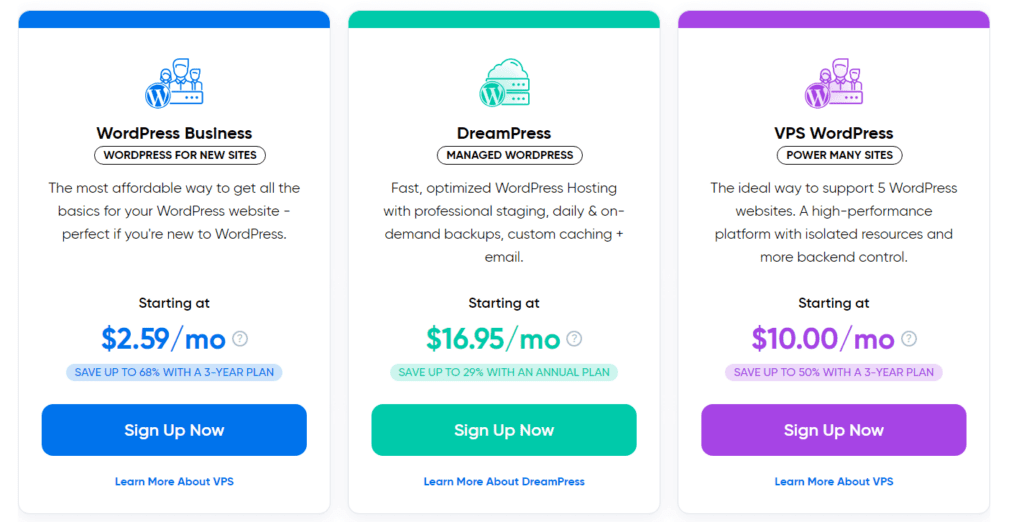 three different WordPress hosting plans