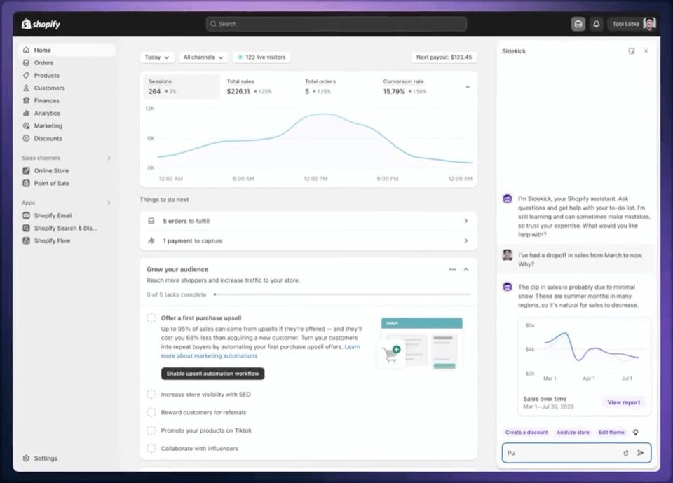 User interacting with Shopify’s new AI tool, Sidekick