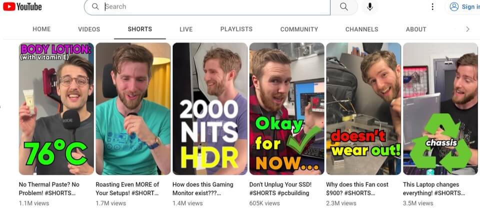 Thumbnails of YouTube Shorts