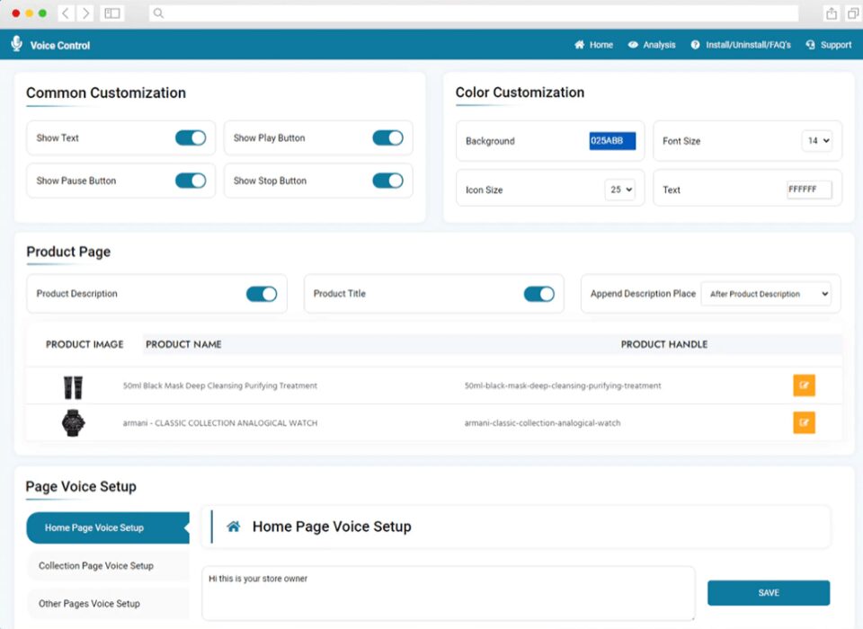 a voice user interface customization screen