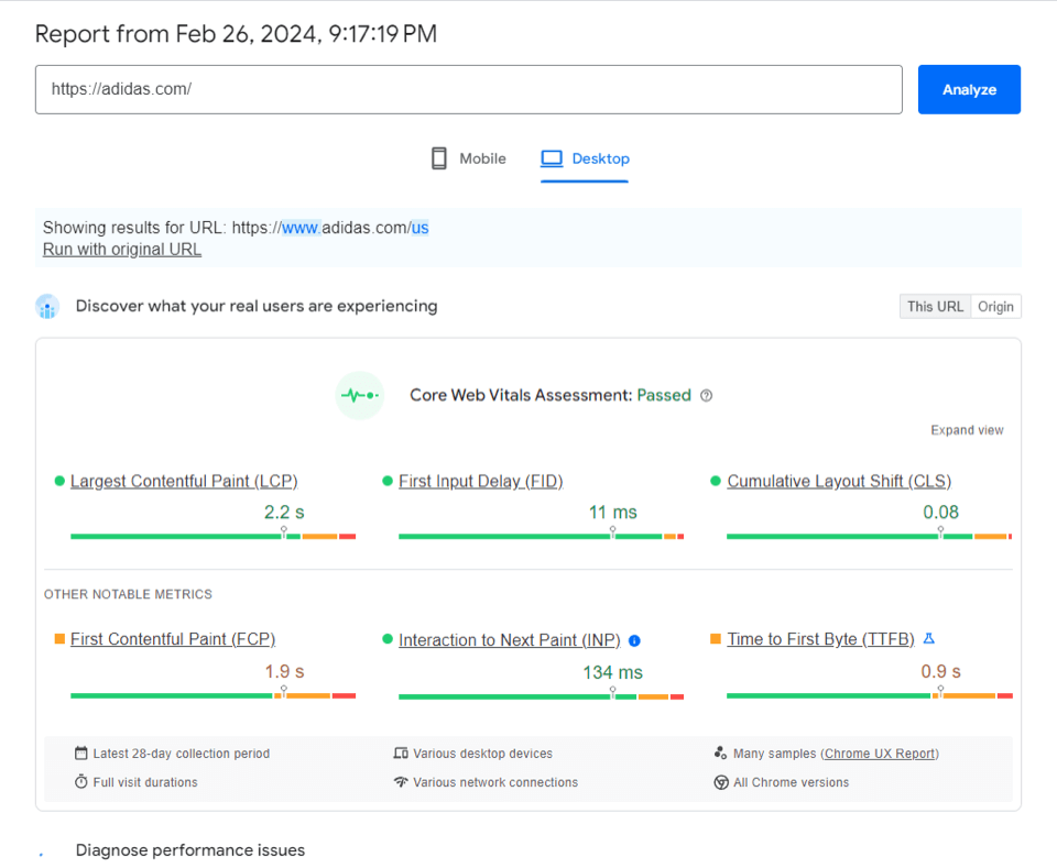 a website analyzing the performance of Adidas’ homepage