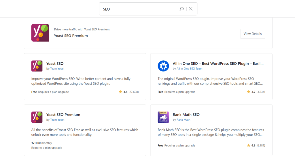 a screenshot of WordPress’ SEO plugins page in 2024