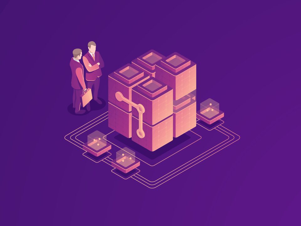 Two workers looking at interconnected violet squares
