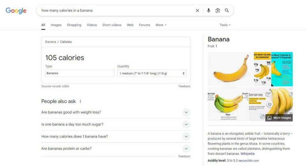 Featured snippet on A Google search for “how many calories in a banana”