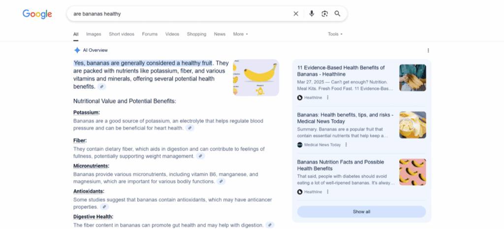 AI overview on A Google search for “are bananas healthy”