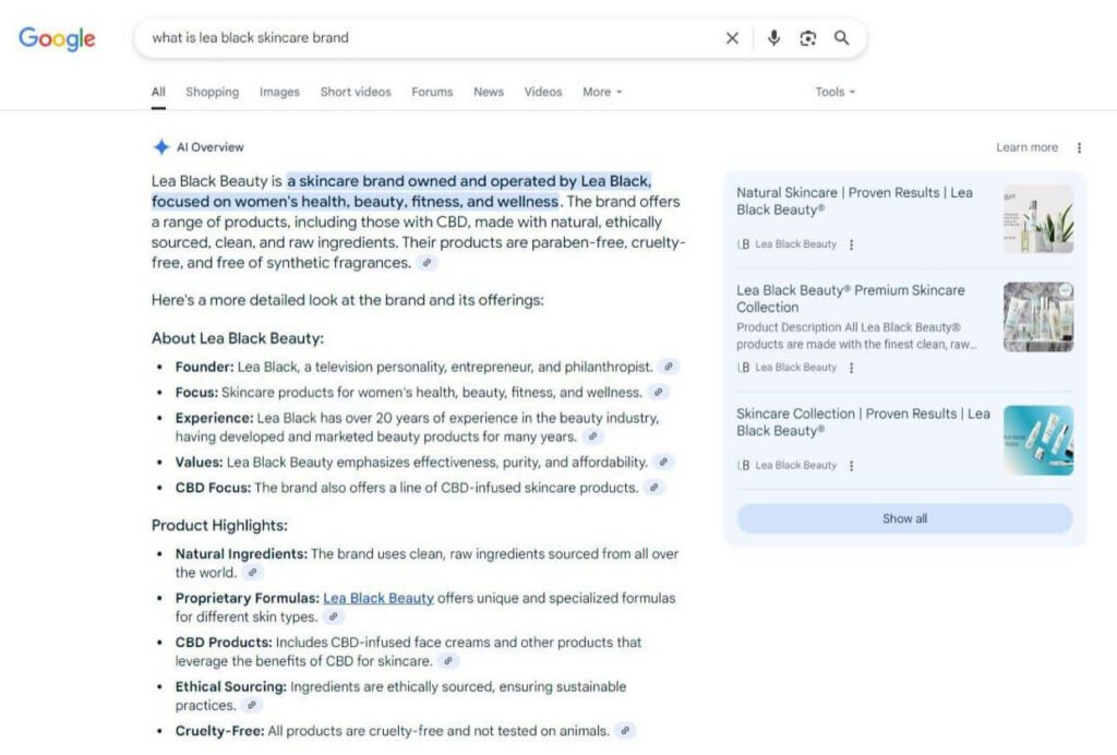 Google search query for “what is lea black skincare brand”